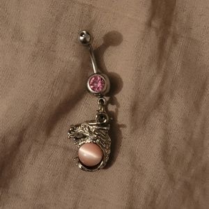 Pink & silver dragon dangle belly ring stainless steel